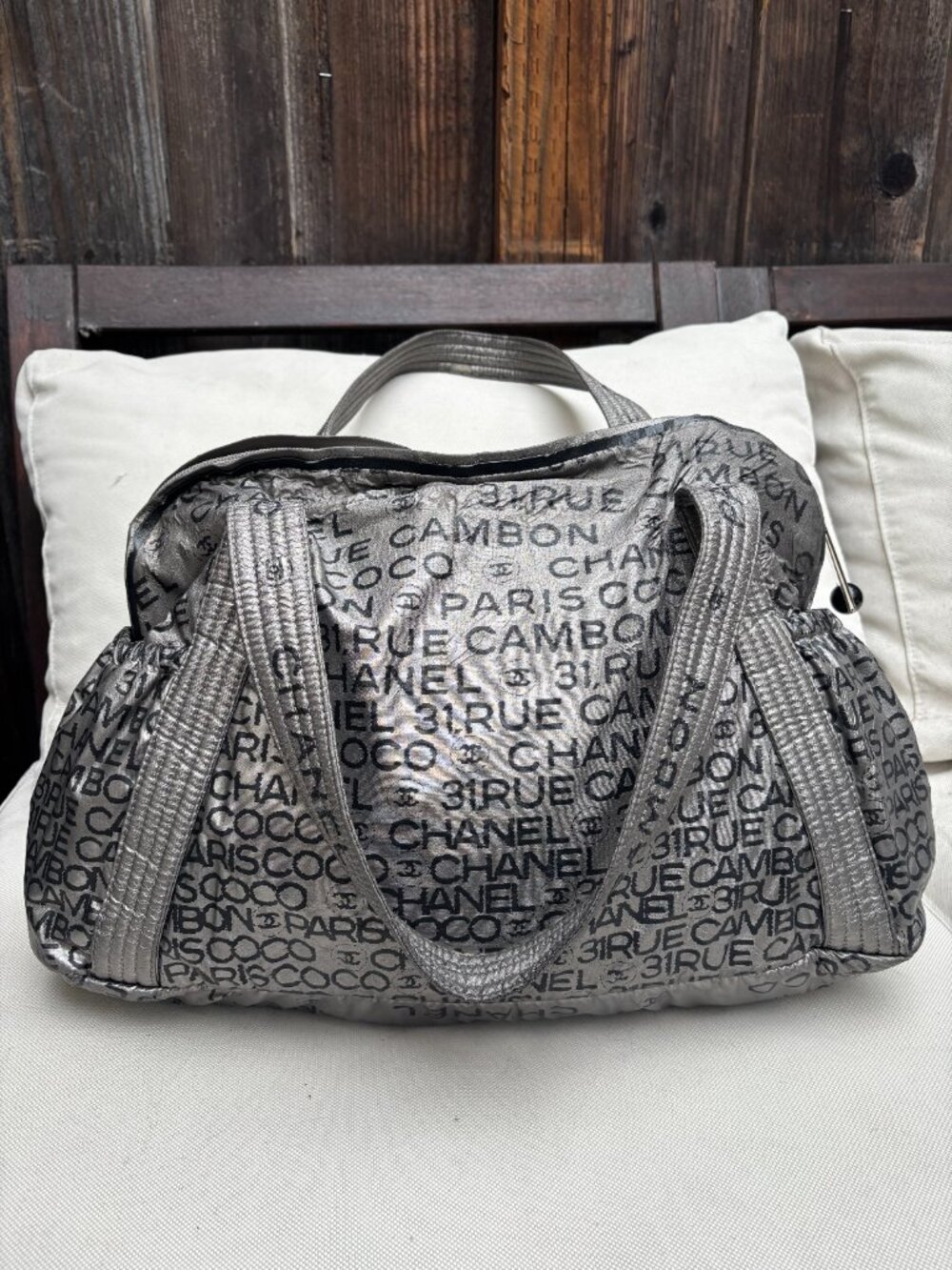 Chanel 31 Rue Cambon Silver Metallic Printed Canvas Bowling / Tote Bag.